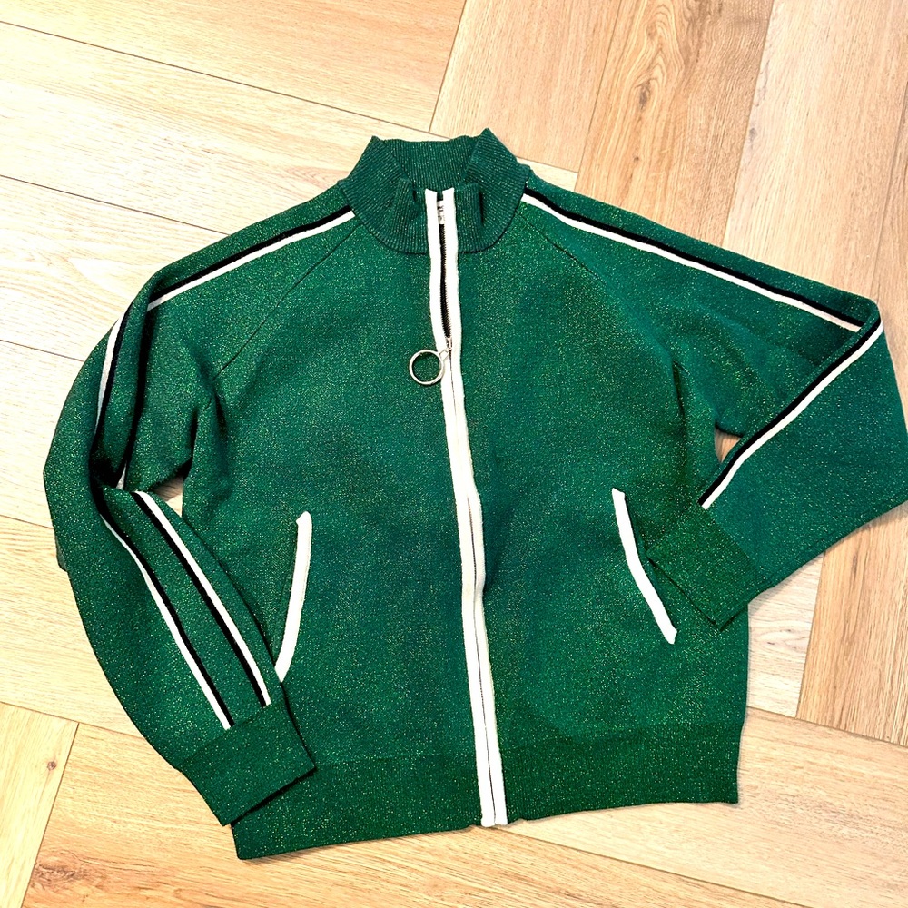 SUNCOO Metallic Forest Green Zip-Front Cardigan with White Trim